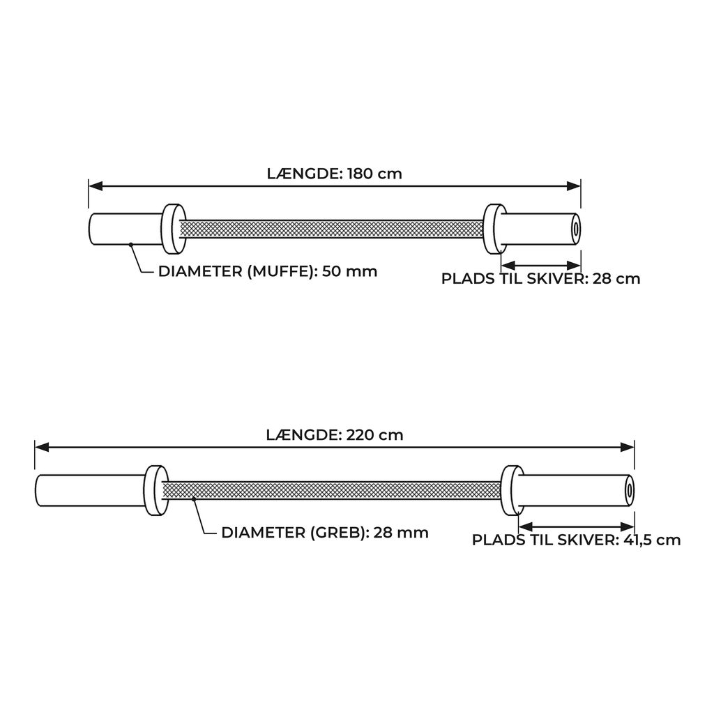 HF™ OL-stang 180 cm og 220 cm – måltegning med længde, plads til skiver og diameter