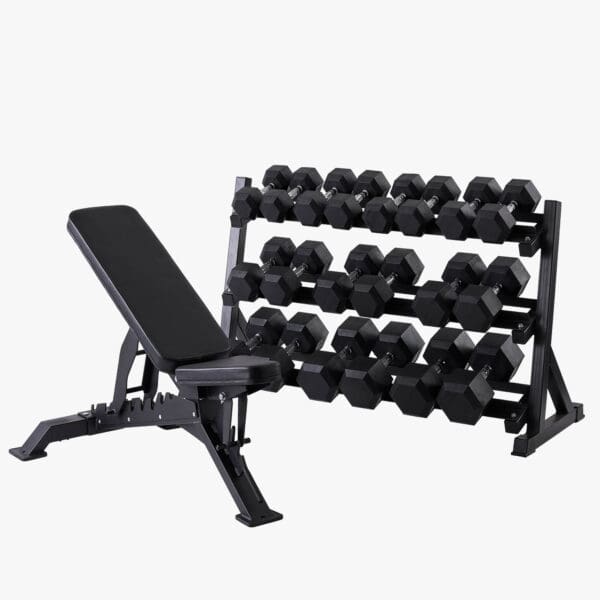 Hex håndvægte (sæt, 7,5-30 kg) inkl. stativ og justerbar bænk