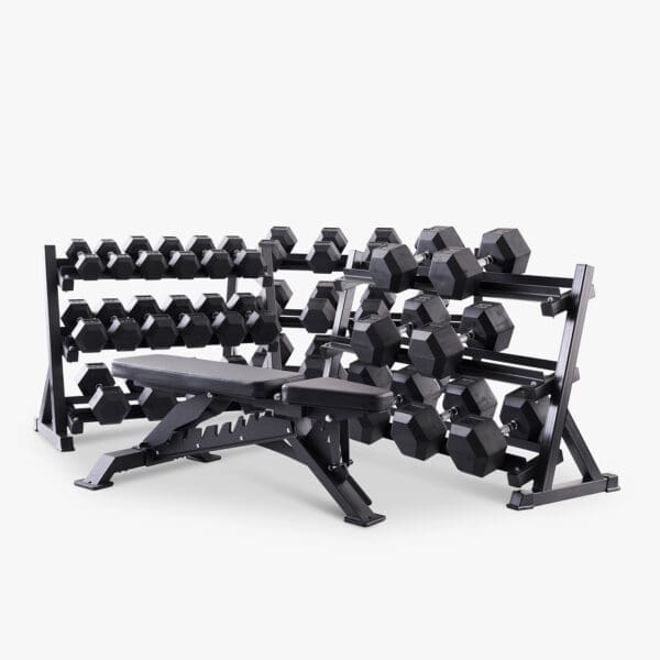 Hex håndvægte (sæt, 7,5-50 kg) inkl. stativ og justerbar bænk